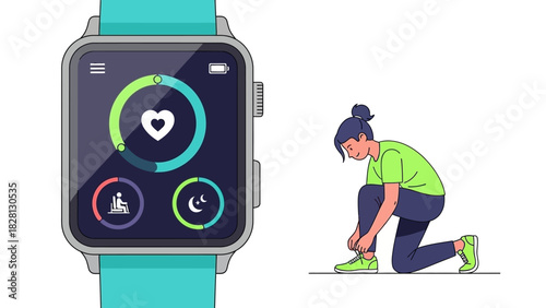 Flat illustration of a woman tying her shoelace next to a smartwatch with fitness tracking features on a clean white background.