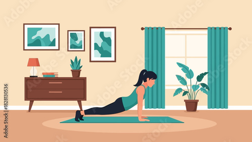 A woman in a green top and black leggings doing a push-up on a yoga mat in a room with framed pictures and plants.