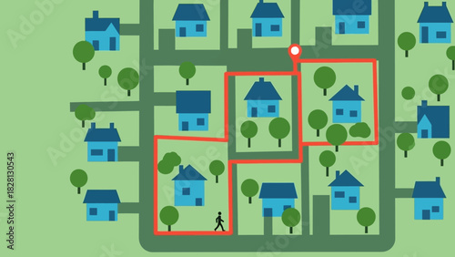 Aerial view of a suburban neighborhood with houses, trees, and roads, featuring red outlined properties and a person walking on a sidewalk in a green area.