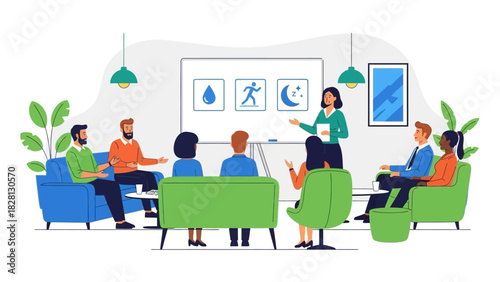 Illustration of a diverse group of people in a meeting with a woman presenting in a modern office setting with a whiteboard and green furniture.
