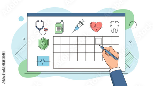 A hand in a blue suit sleeve holds a pen to fill out a medical chart with various health icons on a computer screen against a white background with green and blue accents.