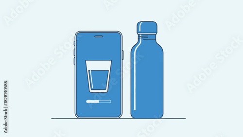 Flat lay illustration of a smartphone and a reusable water bottle on a clean white background with blue hues.