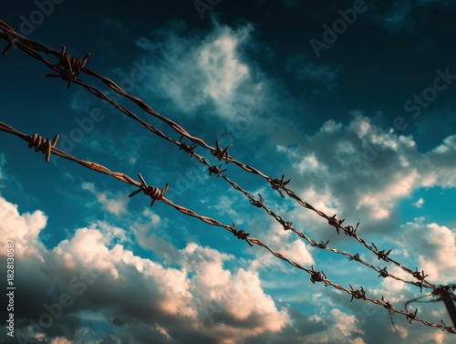 Razor wire fence under blue sky at a secure facility perimeter