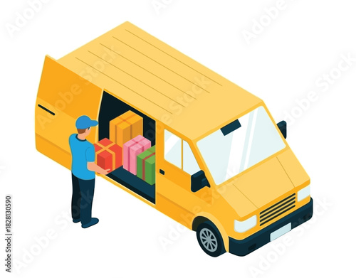 A delivery person loads packages into a yellow van, symbolizing logistics and shipping services.