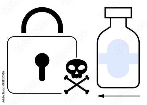 Cybersecurity concept. Cybersecurity symbols combining a lock, skull with crossbones, and poison bottle signify threats to online safety and health risks. For cybersecurity, hacking, drug safety