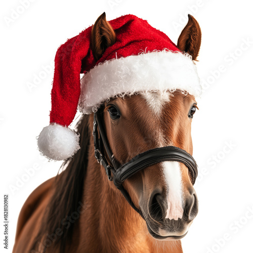 Horse in a Festive Santa Hat Celebrating the Holiday Season Indoors