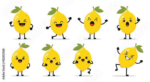 A collection of eight cute and funny cartoon lemon characters showing various happy and energetic emotions and poses for design.