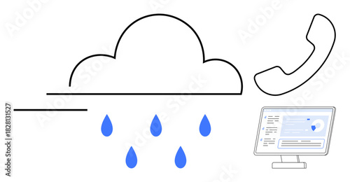 Cloud with rain drops, phone receiver, and digital screen visuals represent data flow, connectivity, technology, remote collaboration, cybersecurity, customer support, and network metaphor using