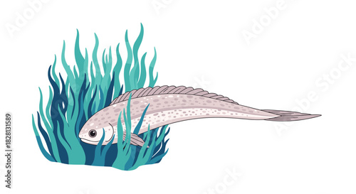 A sand lance or sandeel fish is shown hiding amongst blades of green seaweed in a simple underwater vector illustration.