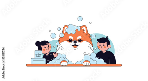 A cute and happy Pomeranian dog is getting a bath from two people and is covered in soap bubbles and suds.