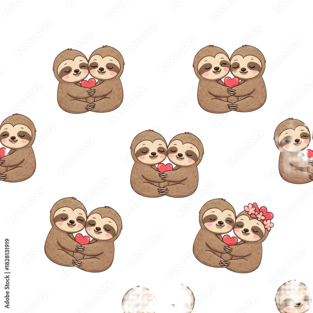 Naklejka premium adorable anthropomorphic baby sloth couples embracing in a dense, seamless vector pattern with scattered pink hearts and stylized script on a white background. concept for valentine's day graphics