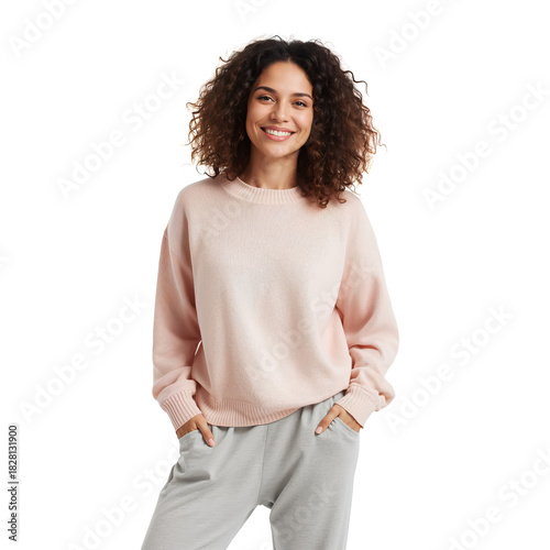 Smiling Woman in Cozy Sweater Poses Casually With Hands in Pockets