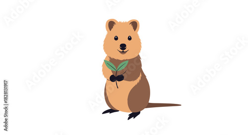 A very cute and happy cartoon quokka character is standing on its hind legs holding a pair of green leaves to eat.