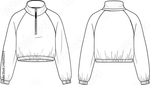 Pullover top technical sketch, front and back view, raglan sleeve, high collar, partial zipper,Pullover top technical sketch, front and back view, raglan sleeve, high collar, partial zipper,