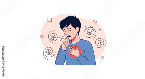 Young man coughing and holding his chest feeling unwell with dizzy swirls in the background illustrating sickness or a virus.