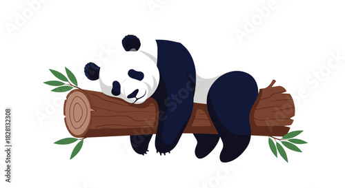 Cute giant panda bear sleeping peacefully on a wooden log with green leaves in a simple and charming cartoon vector style.