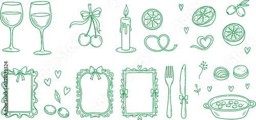 Elegant green line art collection of wedding elements
