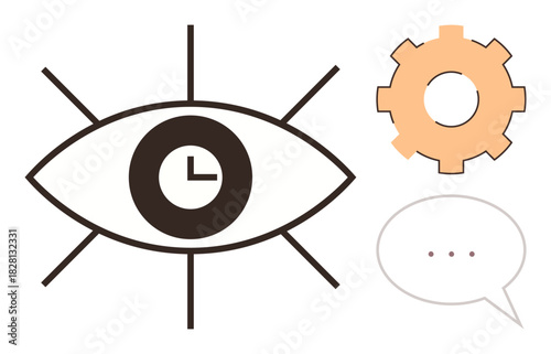 Eye with clock at center, peach gear, and speech bubble with ellipsis. Ideal for productivity, time management, creativity, vision, communication planning strategy. Simple flat metaphor