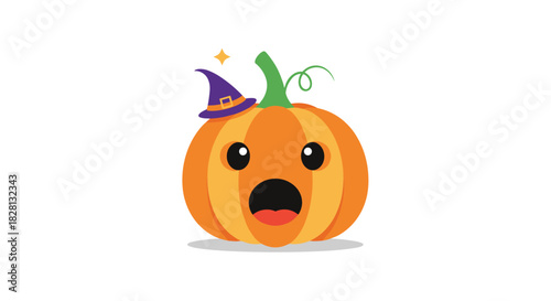 Cute surprised Halloween pumpkin character wearing a tiny purple witch hat with a sparkle in a kawaii cartoon vector style.