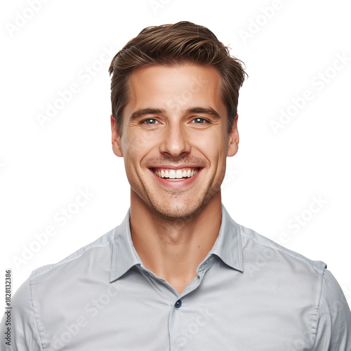 Smiling Young Man in a Light Blue Shirt Showing Happiness and Confidence Indoors