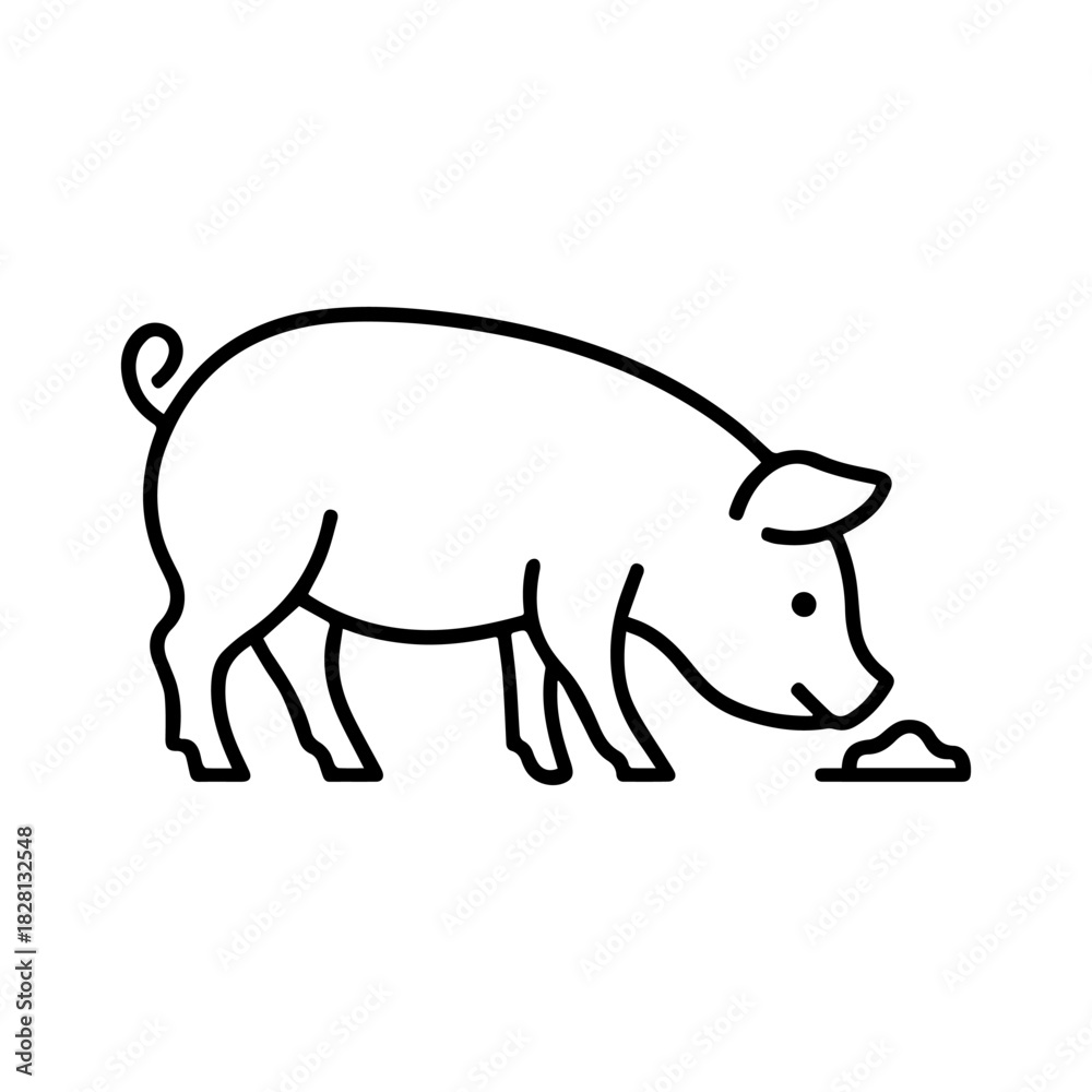 Fototapeta premium Pig eating vector line icon on a white background Vector line icon on a white background