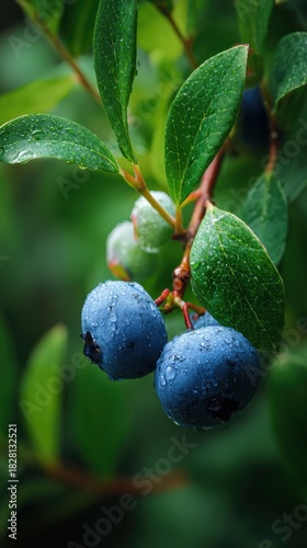 Close-up of ripe blueberries on bush with morning dew
