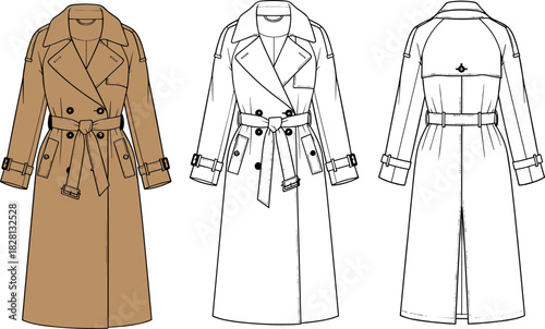 Trench coat fashion illustration, front and back view, double-breasted,Trench coat fashion illustration, front and back view, double-breasted,
