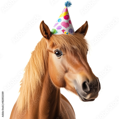Horse Wearing a Colorful Party Hat Celebrates at a Festive Event
