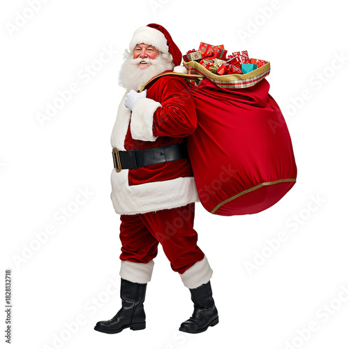 Joyful Santa Claus Carrying a Sack of Gifts During the Holiday Season