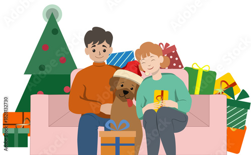 Couple with dog on cozy sofa, gifts and tree around — warm family Christmas vector for cards, campaigns, social media