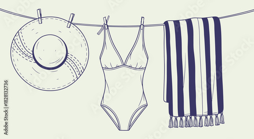 Hand drawn summer essentials hanging on a clothesline
