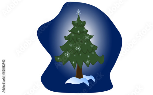 Glowing spruce on snowdrift against deep blue night shape — calm minimalist Christmas vector for cards, icons, seasonal layouts