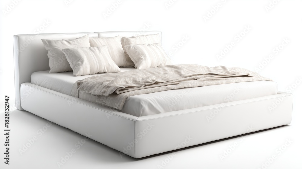 Obraz premium A white bed with a white comforter and white pillows. The bed is unmade and the pillows are neatly arranged. The bed is the main focus of the image and it gives off a clean and organized vibe