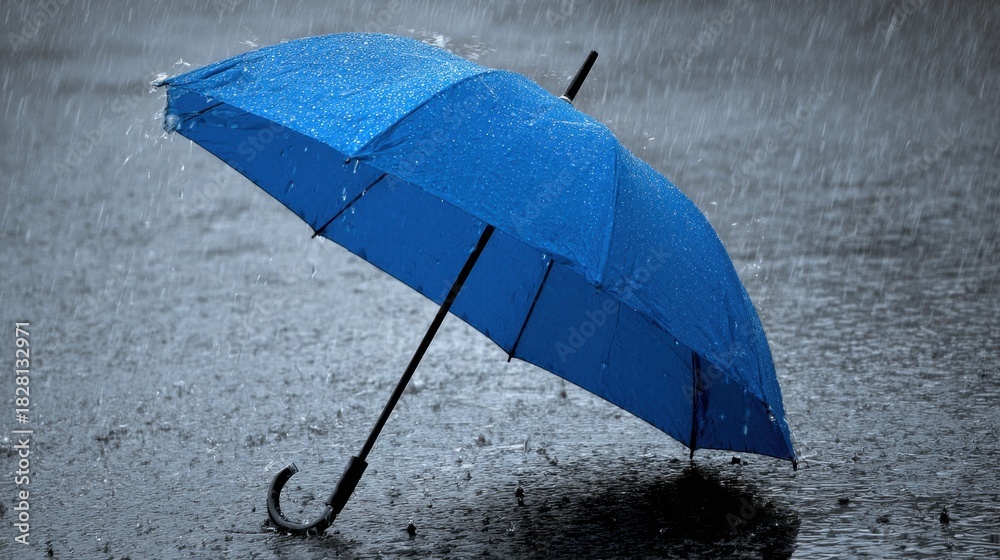 Naklejka premium A blue umbrella is open in the rain. The umbrella is upside down and is in the water