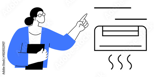 Woman with clipboard pointing toward air conditioner emitting airflow. Ideal for climate control, energy efficiency, technology usage, office settings, comfort, appliances, simple flat metaphor