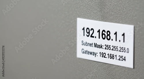 Network configuration label featuring IP address 192.168.1.1, subnet mask, and gateway details. Network label provides essential data for system setups,