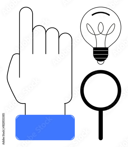 Hand pointing upward, light bulb for creativity, magnifying glass for research and analysis. Ideal for innovation, decision-making, problem-solving, technology, education, strategy exploration