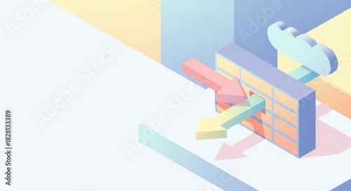 Abstract design depicting communication technology with arrows, blocks, and cloud symbol in pastel colors. This graphic illustrates dynamic data flow within a modern communication system.