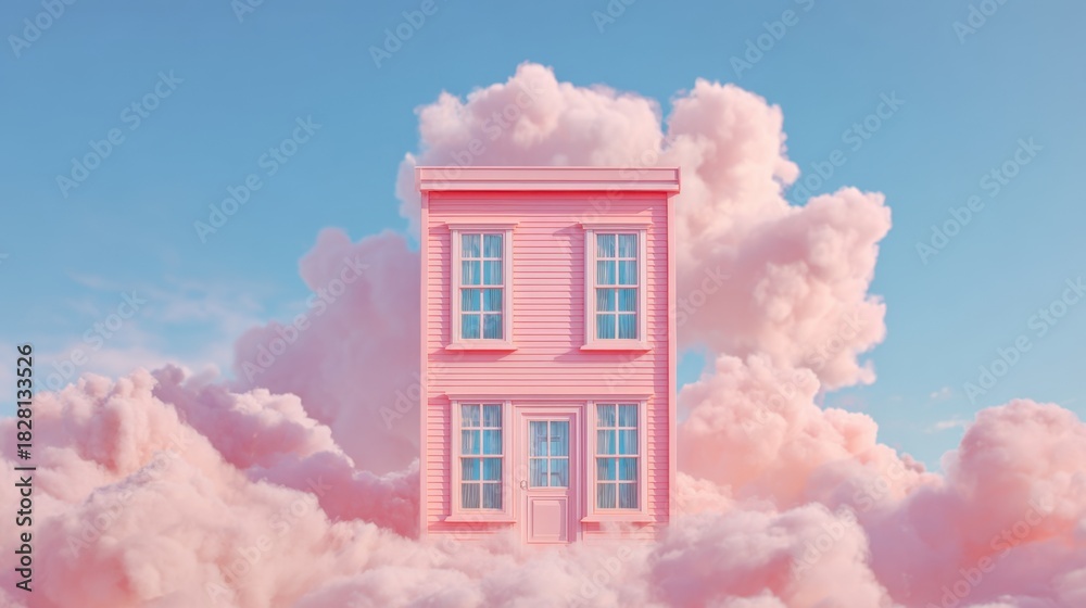 Naklejka premium A pink building is in the clouds. The sky is blue and cloudy