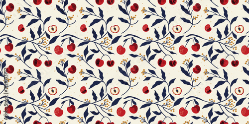 Seamless mid-century folk art pattern with stylized cherries, blossoms, and indigo leaves on an ivory background. Vibrant red and navy palette for vintage textile.