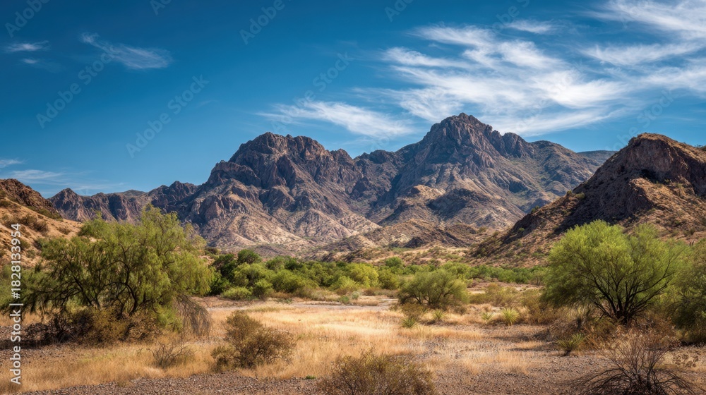 Obraz premium A mountain range is visible in the distance with a clear blue sky. The mountains are covered in trees and the sky is clear