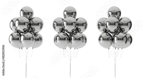 Three bunches of reflective metallic silver mylar orb balloons floating against a seamless high-key white studio background with panoramic copy space, elegant celebratory party atmosphere