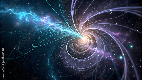 A deep cosmic-black background pulses with dynamic, luminous magnetic field lines—sweeping, fluid curves of radiant cyan and electric violet that arc and intertwine in elegant, invisible force