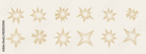 Sparkling golden Stippled grain star set. Sand noise texture asterisk collection. Halftone glitter sparkles, sparks, twinkles pack for design template, poster, banner, brochure, leaflet. dotted Vector