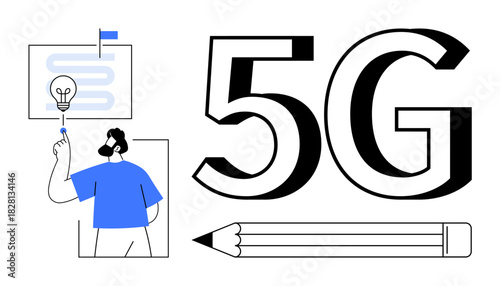 5G text with a person interacting with a lightbulb diagram and a pencil, symbolizing innovation, creativity, and advanced communication. Ideal for technology, design, creativity, education