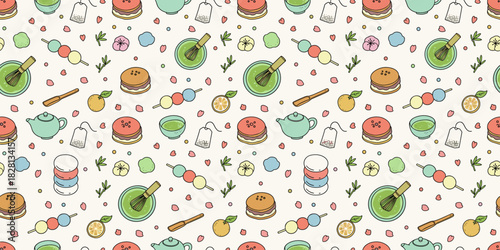 Seamless pattern of hand-drawn Japanese tea items like matcha bowls, dango, and mochi in soft pastels on off-white. Whimsical kawaii design for fabric and wallpaper.