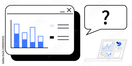 Bar chart in data window beside laptop screen with charts, speech bubble with question mark. Ideal for analytics, decision-making, data literacy, problem-solving, business intelligence, technology