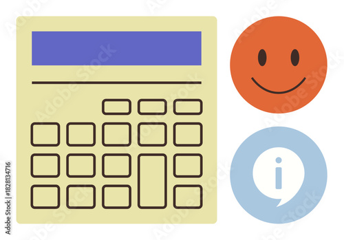 Calculator, smiling face, and information icon symbolize productivity, positivity, and accessible knowledge. Ideal for education, accounting, clarity, positivity productivity learning