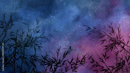 Silhouetted bamboo leaves against a dreamy starry purple night sky