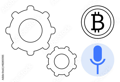 Gears, Bitcoin icon, and microphone symbolizing cryptocurrency, blockchain, automation, innovation, voice interaction, problem-solving. Ideal for tech finance workflow AI innovation